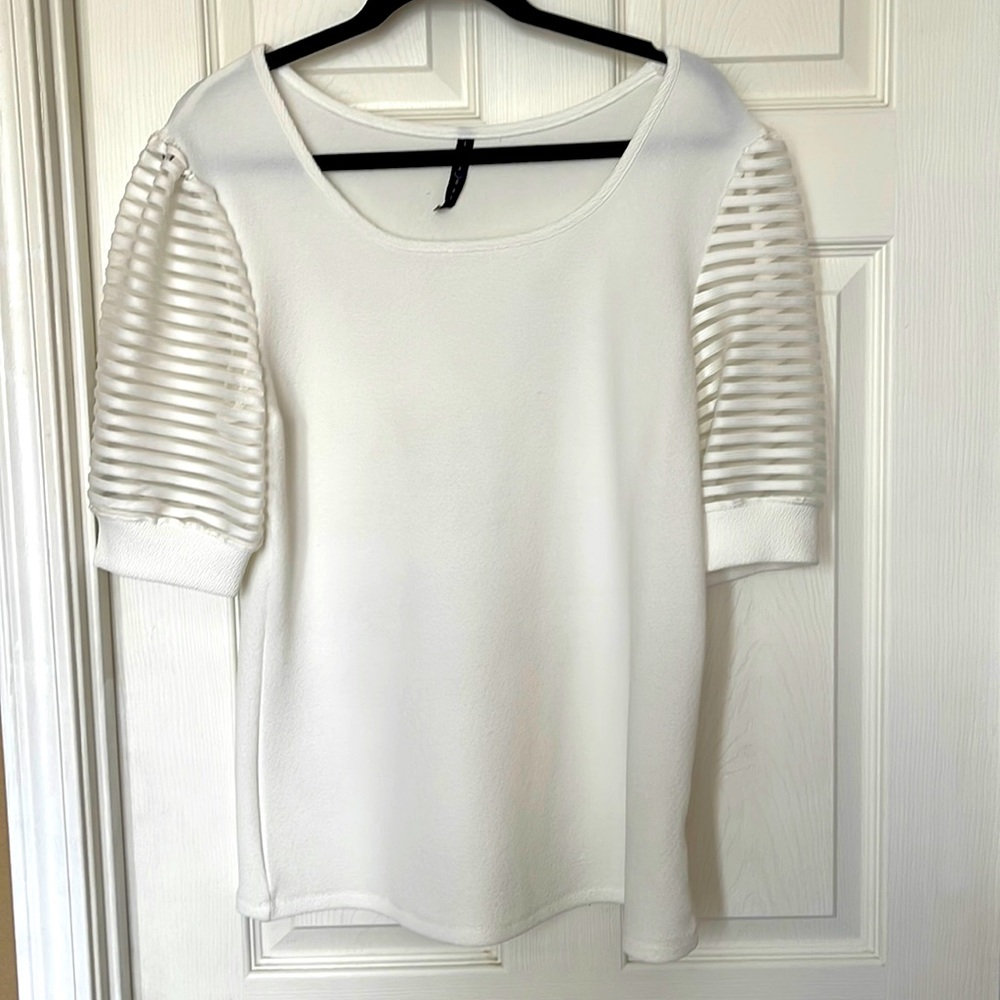 White blouse with sheer striped sleeves - used once